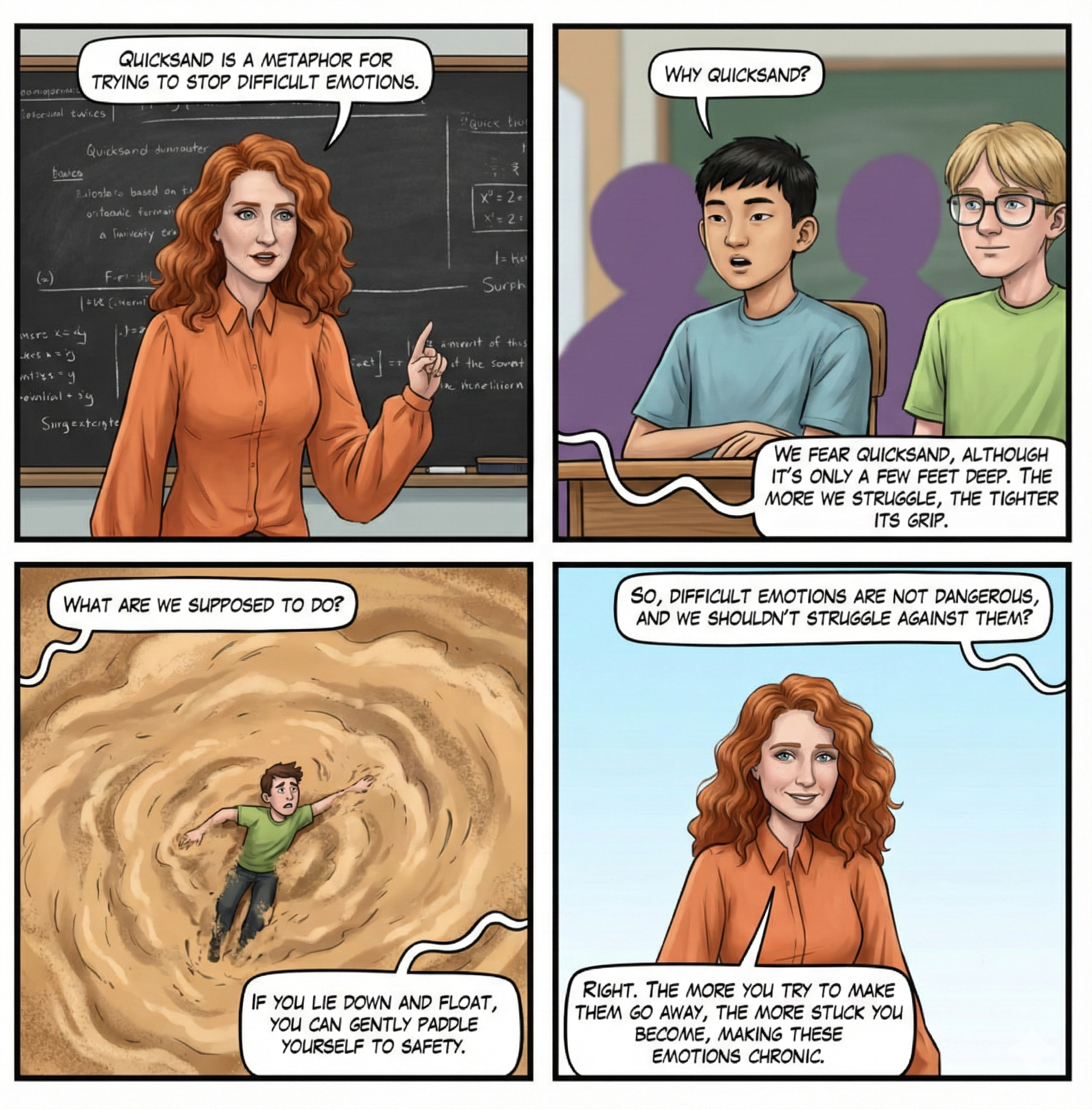 Cartoon illustrating the quicksand metaphor: struggling makes you sink faster